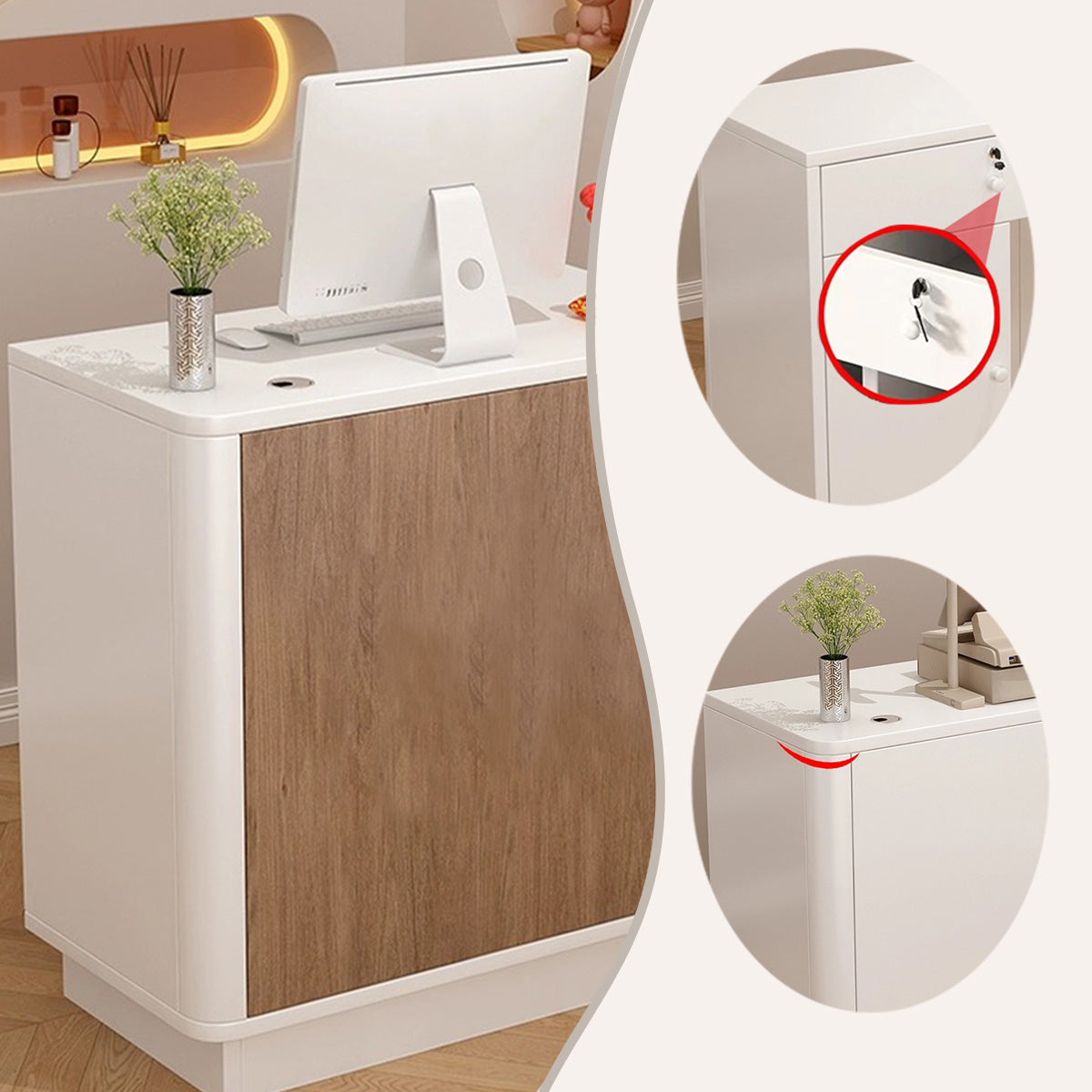 レジカウンター 受付カウンター フロント カウンター R加工 配線穴 オープン収納 扉付き収納 鍵ロック JDQT-N004