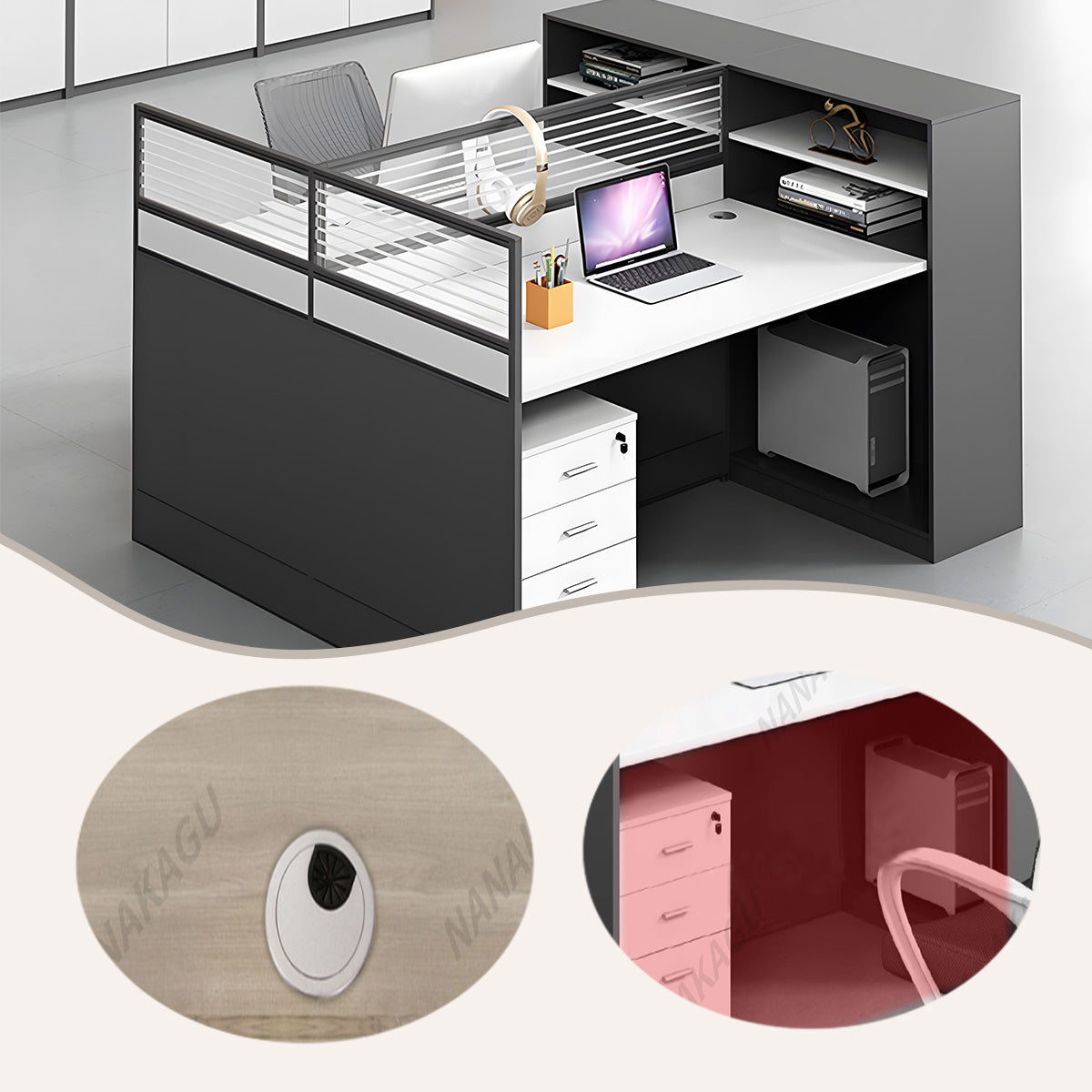 オフィスデスク デスク 事務机 パーテーション 大容量収納 配線穴付き 多人数 快適 ホワイト カスタマイズ可能 YGZ-N004