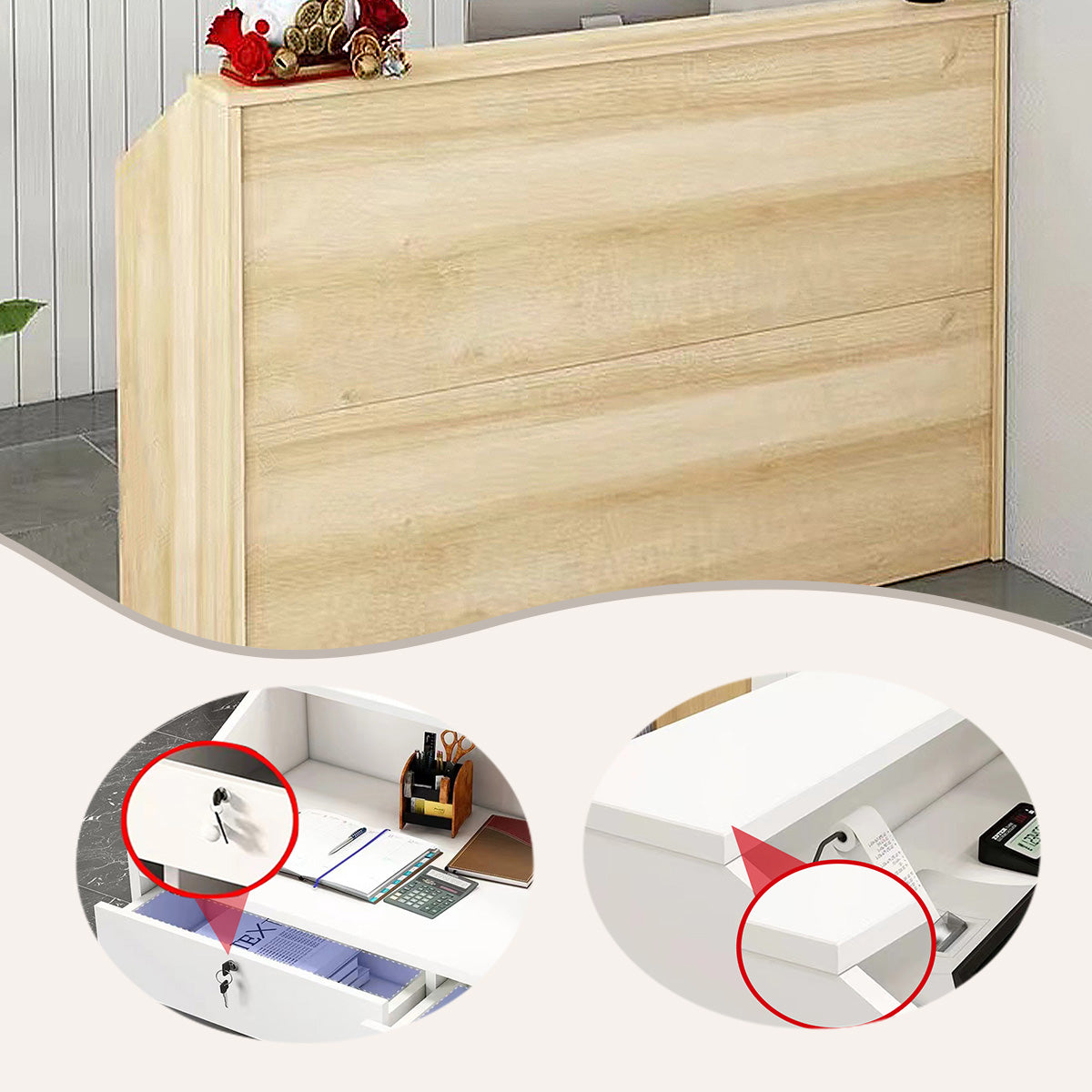 受付カウンター レジカウンター エントランス受付 配線穴 引き出し収納 大容量収納 傷付きにくい シンプル ナチュラル JDQT-N005