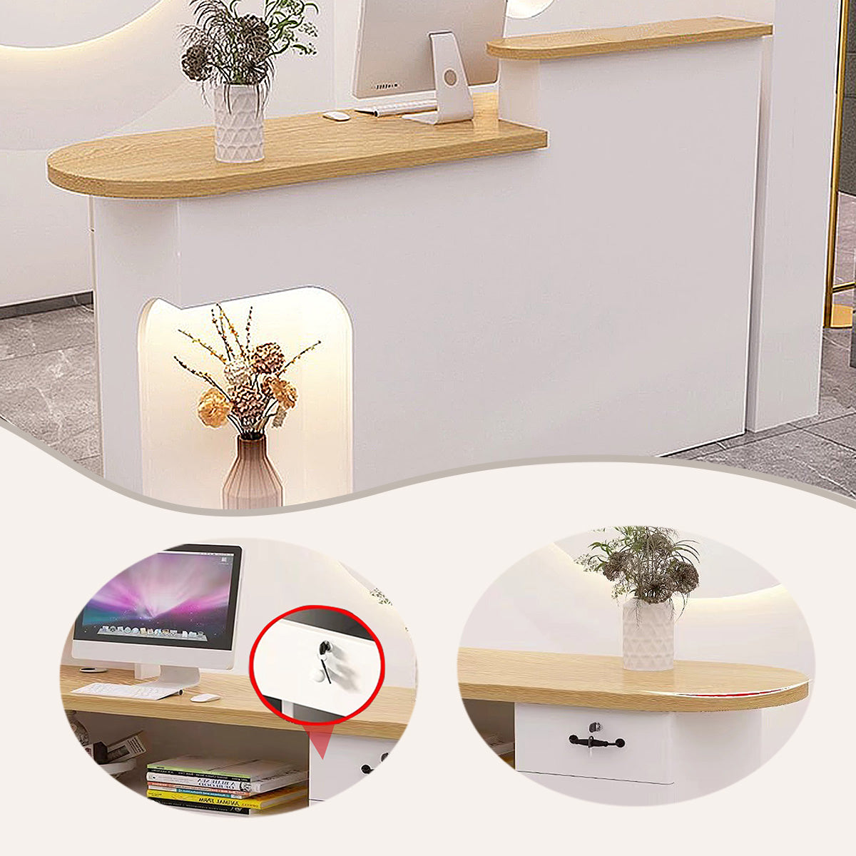 受付カウンター レジカウンター オフィス受付 事務用 鍵ロック 配線穴 シンプル オシャレ カスタマイズ可能 JDQT-N006