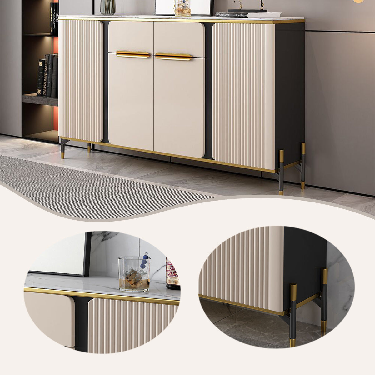 収納 収納キャビネット 薄型キャビネット リビング用 キッチン用 大容量 岩板天板 滑り止めキャップ ベージュ JYCWG-N010