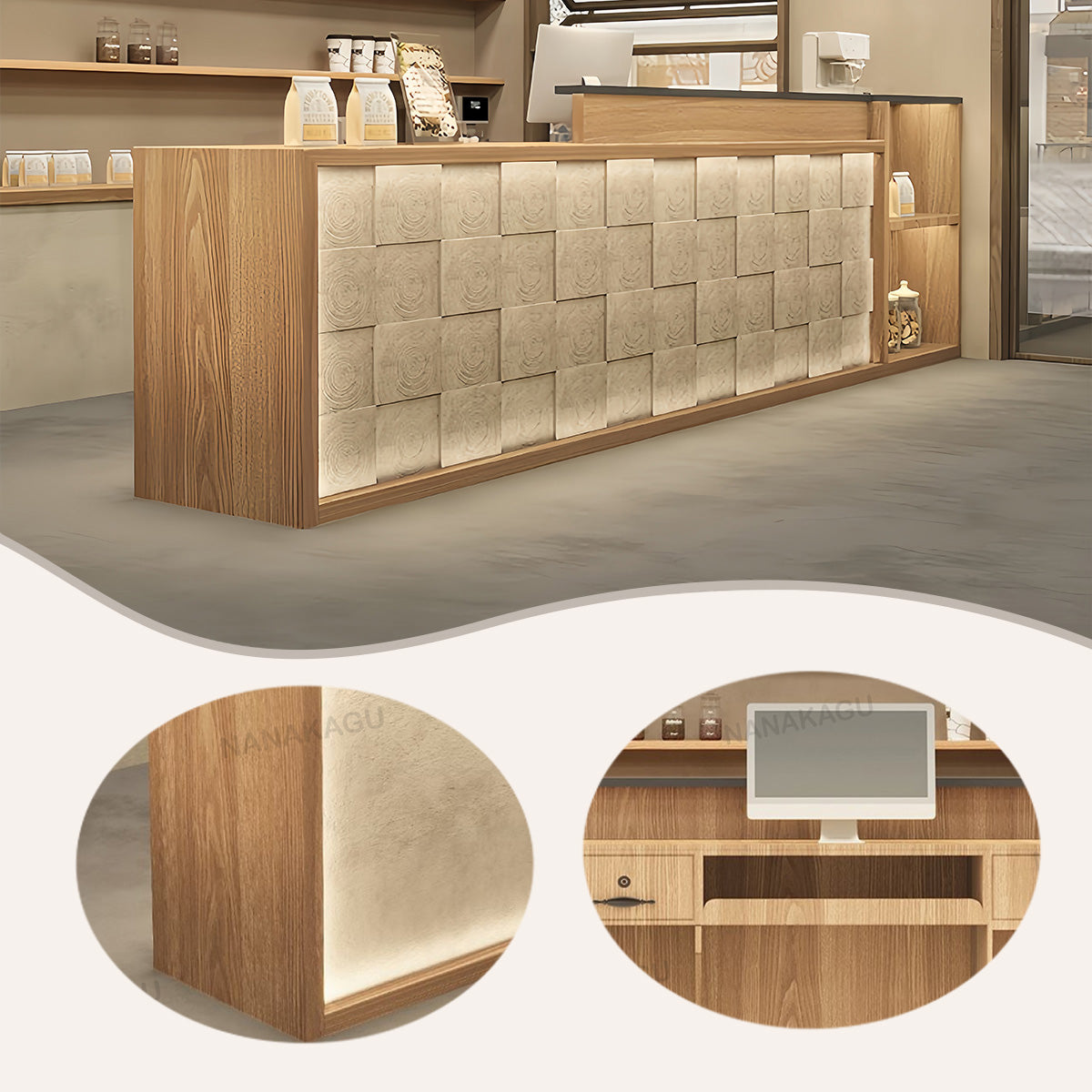 受付カウンター レジカウンター 店舗用 鍵ロック キーボードトレイ 大容量収納 高荷重性 ナチュラル カスタマイズ可能 JDQT-N056