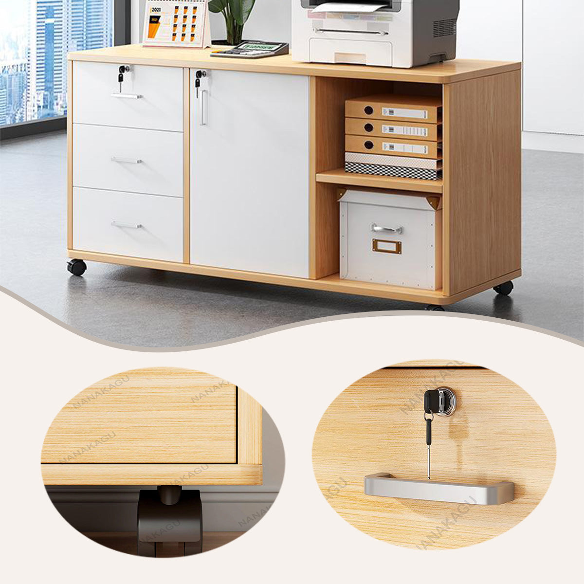 サイドワゴン キャビネット オフィスワゴン 引き出し 大容量収納 鍵付き キャスター ナチュラル カスタマイズ可能 BGCWG-N017