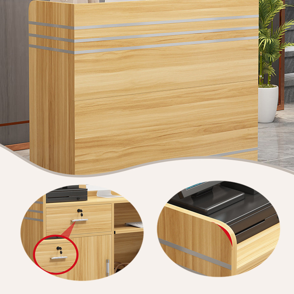 レジカウンター 受付カウンター フロントデスク 木目調 角丸 配線穴 扉付き収納 ナチュラル カスタマイズ可能 JDQT-N012