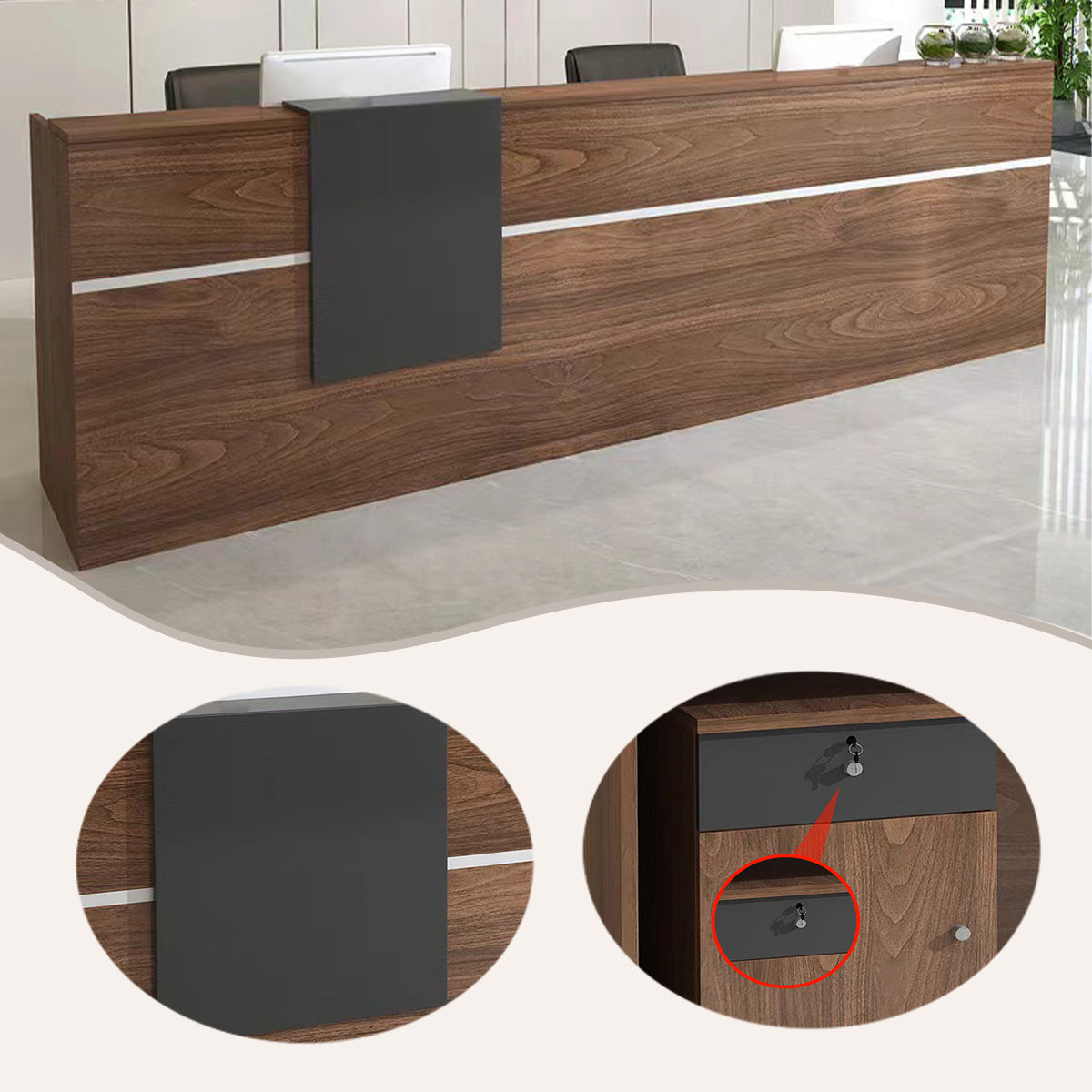 受付カウンター フロント レジカウンター 鍵ロック 引き出し収納 大容量収納 ウォールナット カスタマイズ可能 JDQT-N013