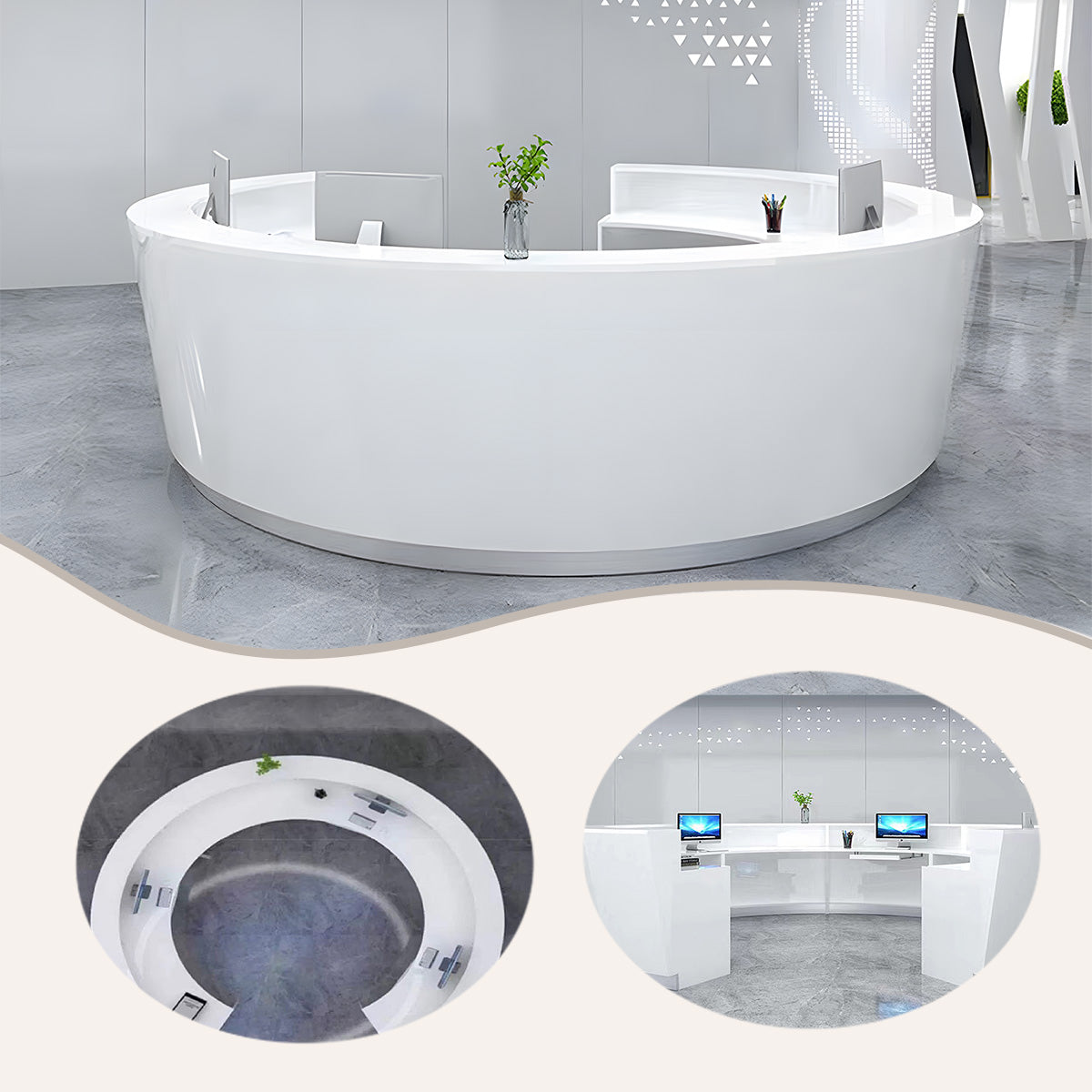 カウンター 受付カウンター 円弧状カウンター 病院 クリニック受付台 大容量収納 キーボードトレイ 広い ホワイト JDQT-N017