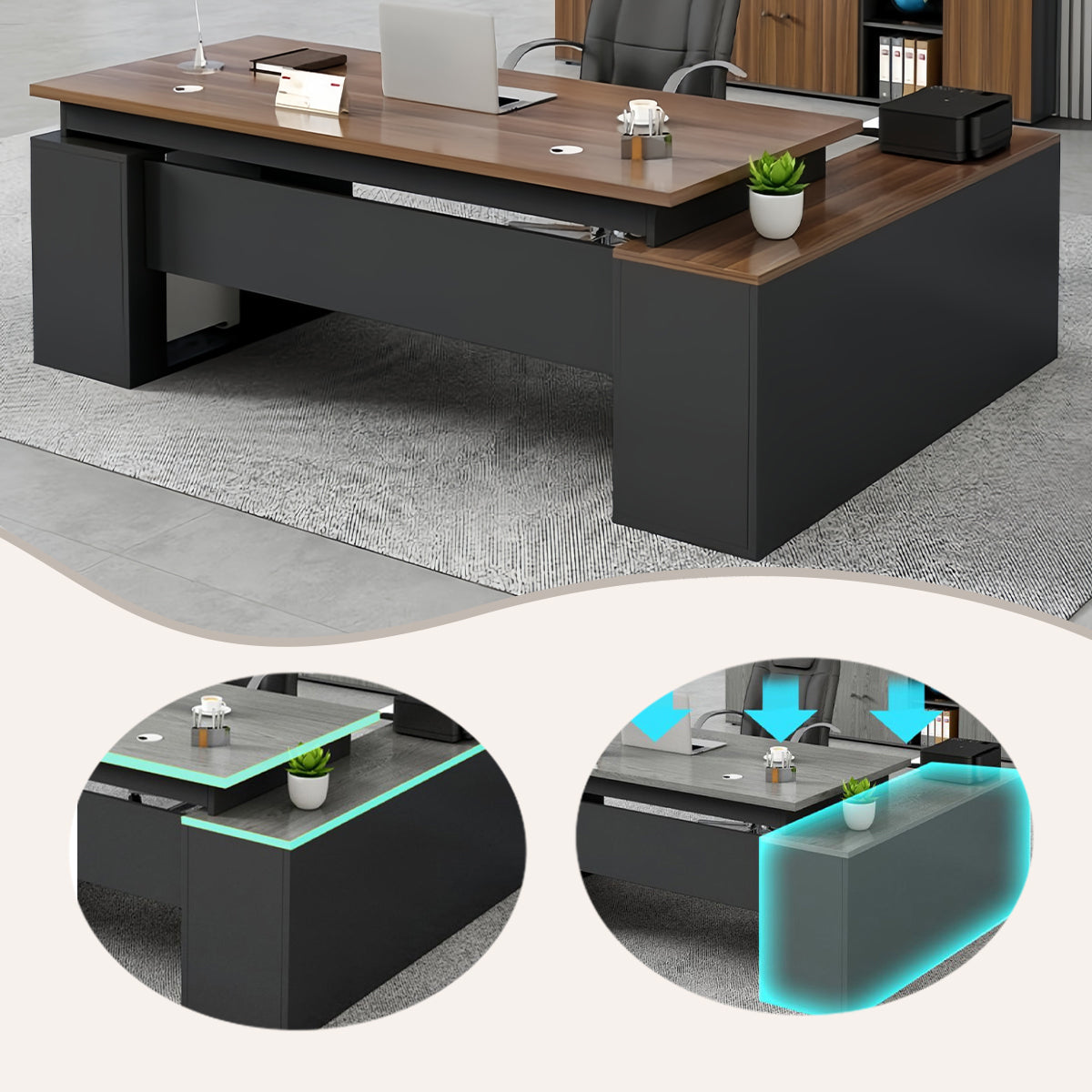 エグゼクティブデスク オフィスデスク 社長机 木製デスク 木目調 幕板 配線穴 大容量収納 グレーオーク ブラック LBZ-N050