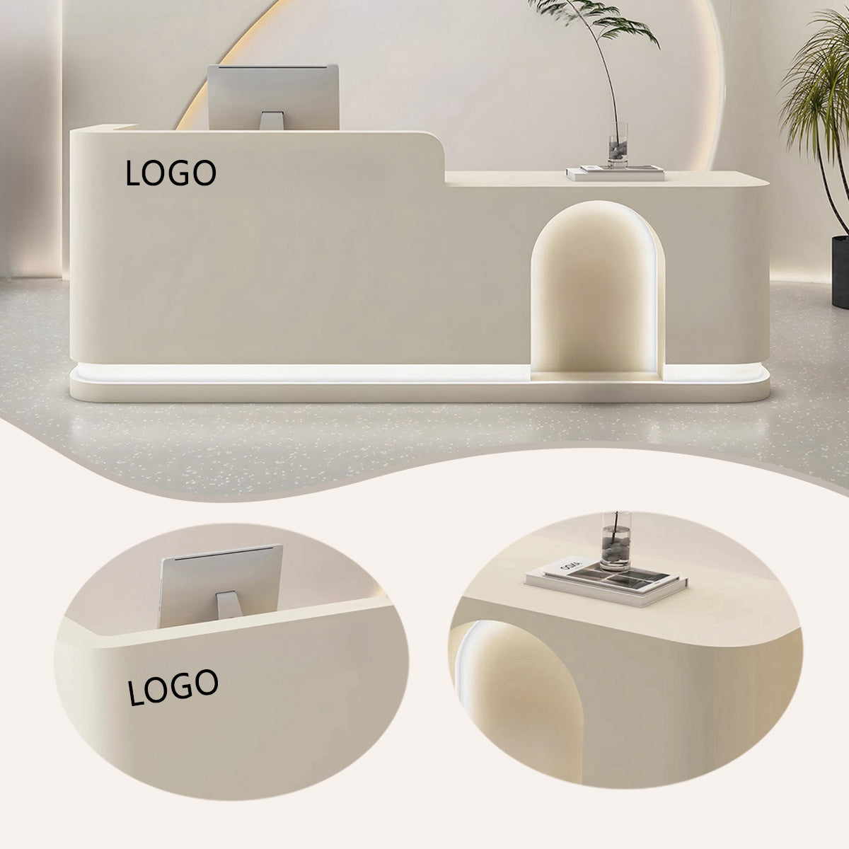 受付カウンター フロント 大型 店舗用 LEDライト付き 大容量収納 洗練 ベージュ カスタマイズ可能 JDQT-BODS-N006