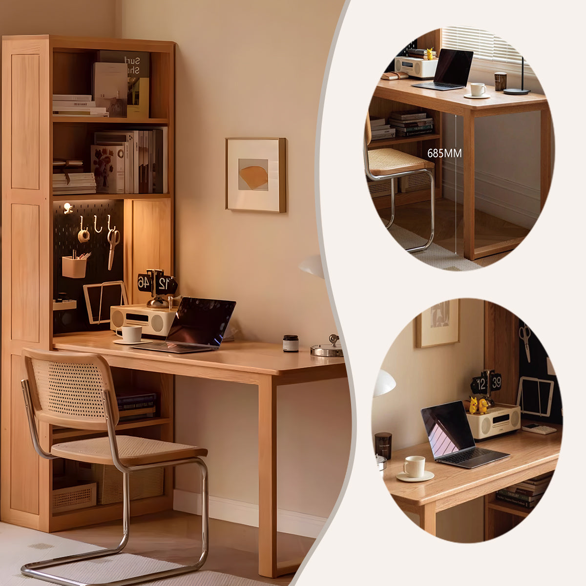 勉強机 学習デスク 作業デスク 木製デスク 配線孔 サイド収納ラック 本棚付き 大容量収納 シンプル 洗練 ナチュラル XXZ-N011
