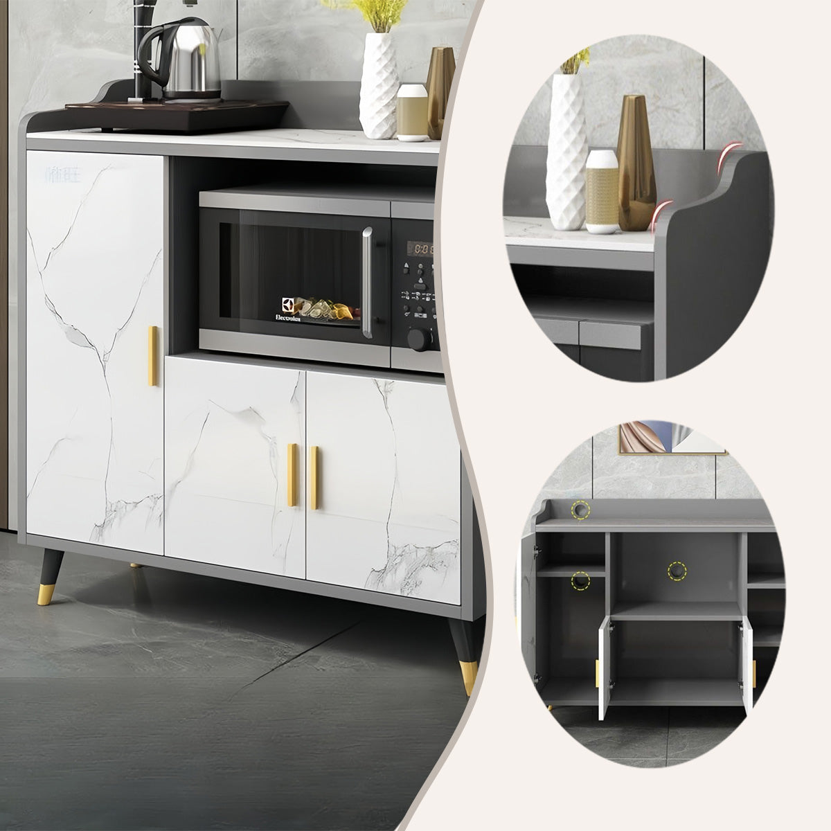 収納キャビネット 壁面収納 キャビネット 台所用 リビング用 扉付き収納 転び止め 大容量 ホワイトマーブル模様 JYCWG-N009