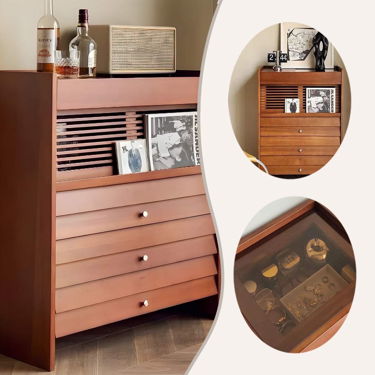 収納キャビネット 壁面収納 茶棚 レッサーキャビネット 室内 リビング用 取っ手 引き出し 大容量収納 ブラウン JYCWG-N019