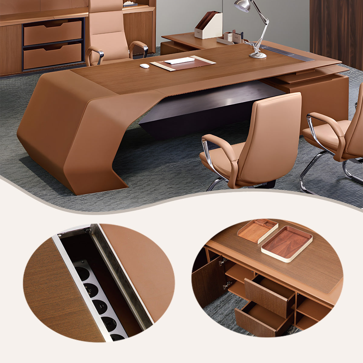 エグゼクティブデスク 社長デスク L型デスク 曲線デザイン 配線穴 大容量収納 厚手 高荷重性 スタイリッシュ ブラウン LBZ-N085