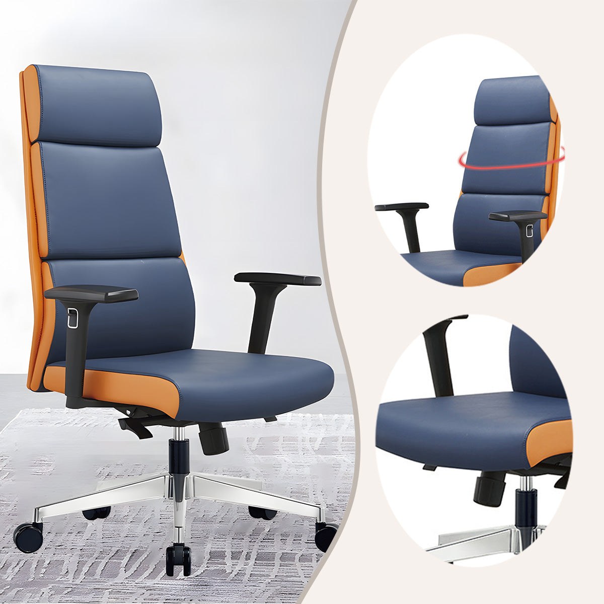 オフィスチェア ワークチェア 事務椅子 エグゼクティブチェア 肘掛け 回転可能 ハイバック ダークブルー カスタマイズ可能 LBY-N037