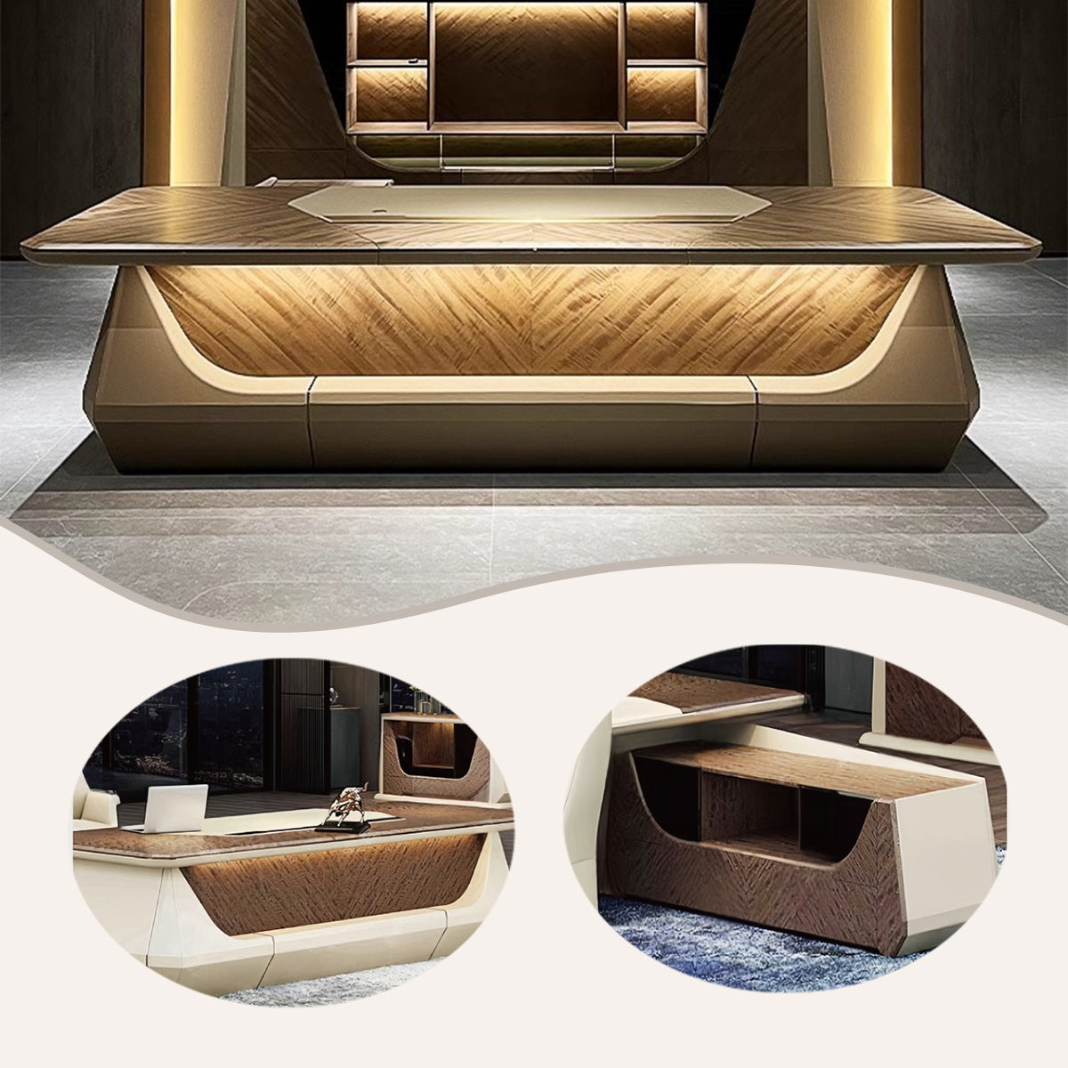 エグゼクティブデスク オフィスデスク 作業机 社長デスク センサーライト付き 厚手 高荷重性 ブラウン カスタマイズ可能 LBZ-N075