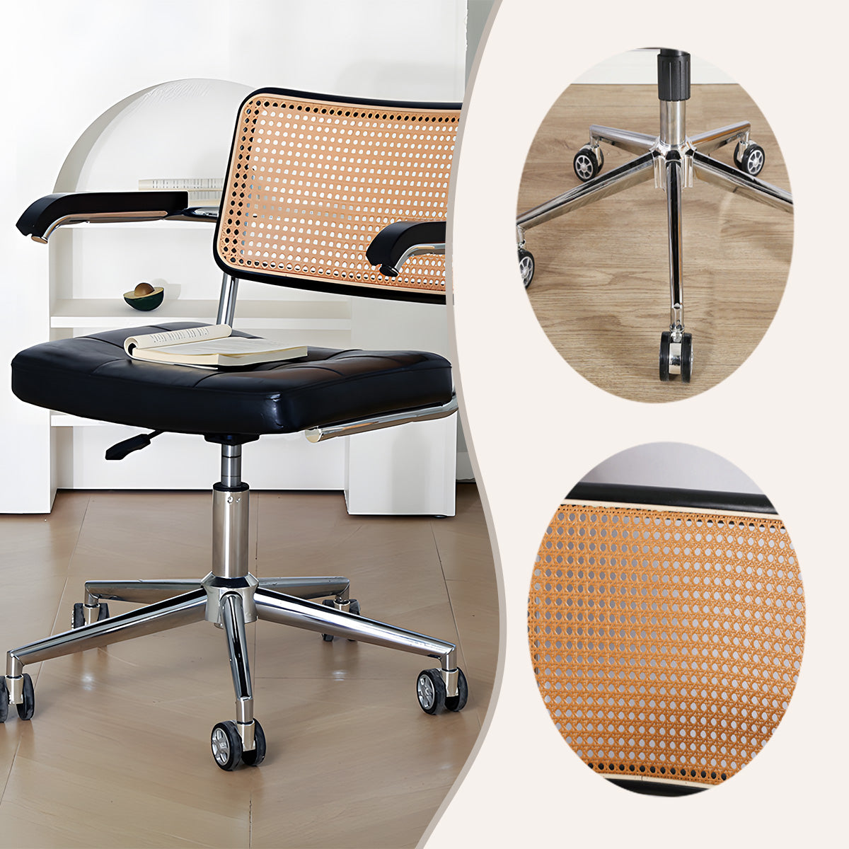 ワークチェア オフィスチェア 事務椅子 籐編みチェア キャスター付き 柔軟性 静音 機能性 洗練 スタイリッシュ ブラック BGY-N064