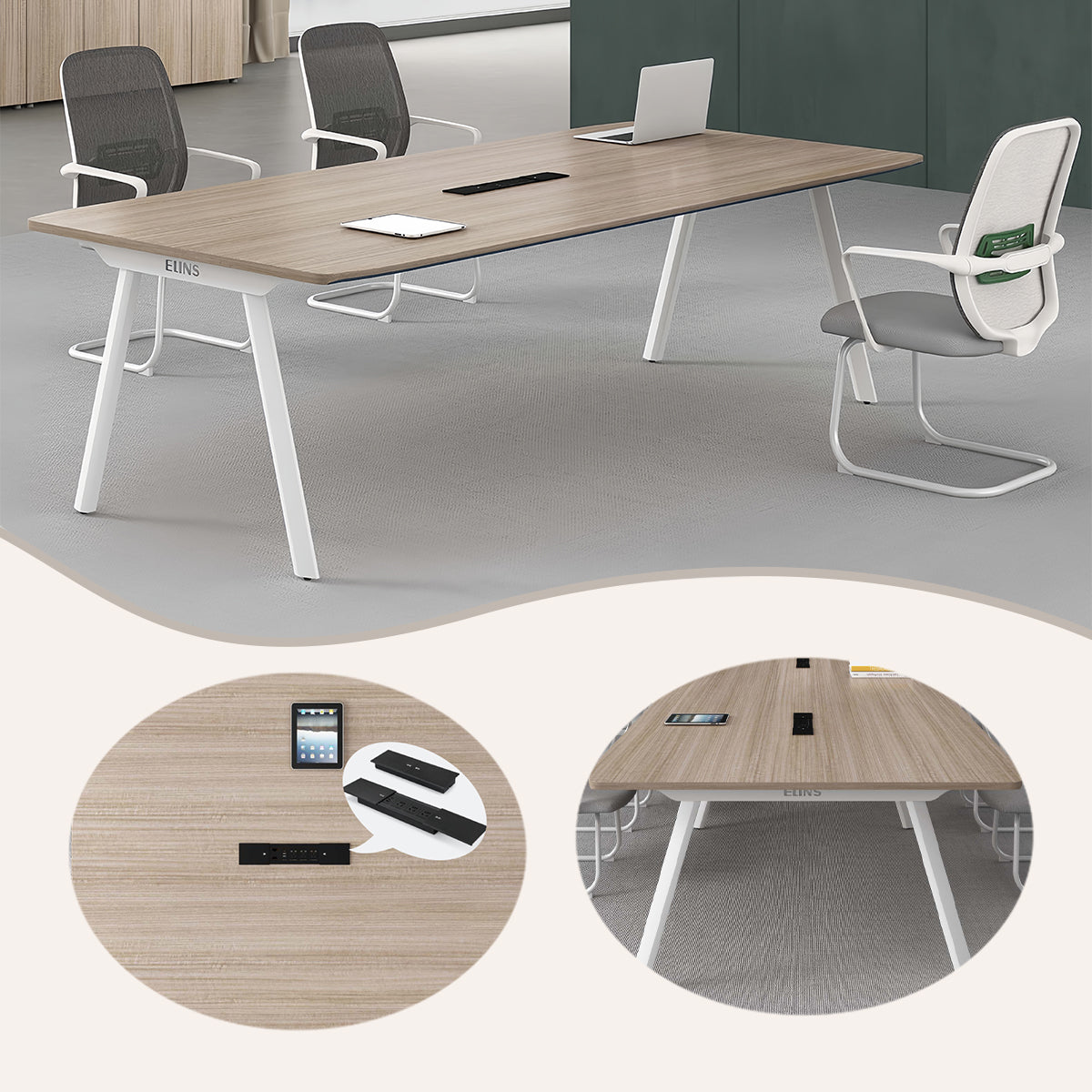 会議テーブル ミーティングテーブル テーブル 会議室用 メラミン化粧板 配線ボックス シンプル オーク カスタマイズ可能 HYZ-N014