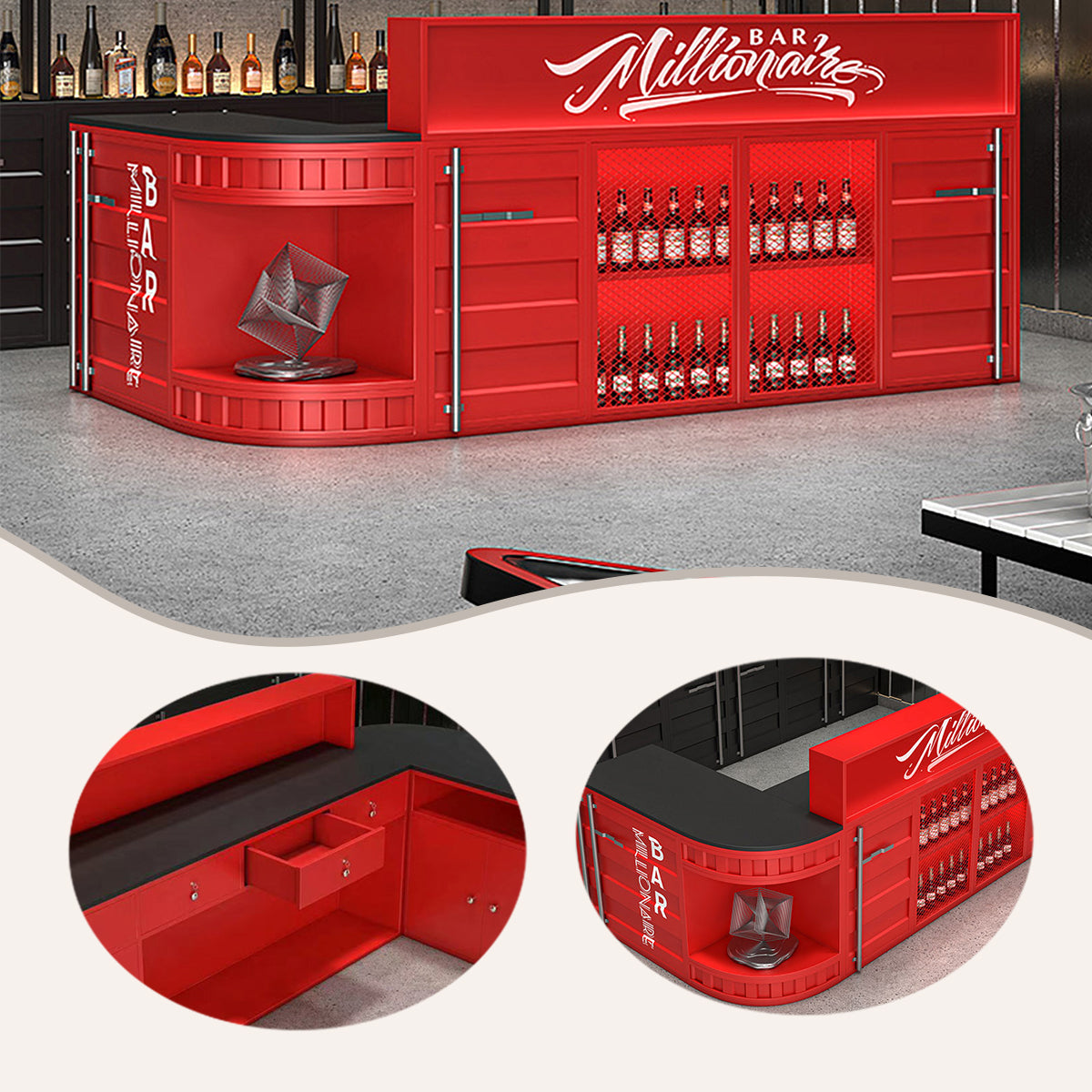 バーカウンター L字型カウンター 受付 居酒屋カウンター 鍵ロック 引き出し 大容量収納 レッド カスタマイズ可能 JDQT-N011