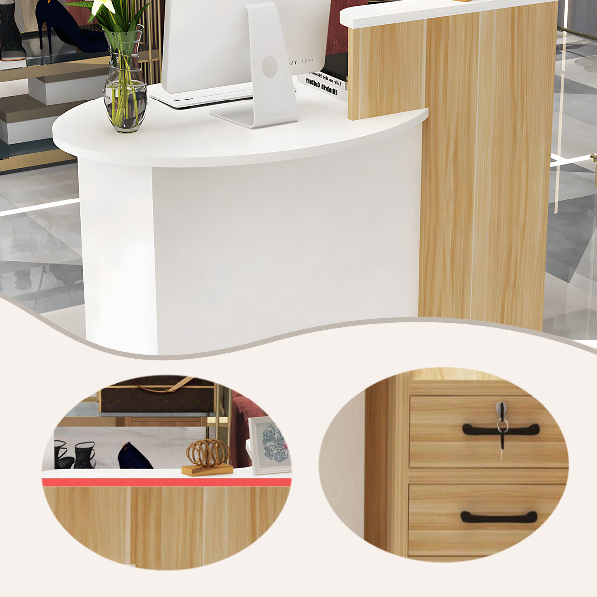 カウンター フロント レジカウンター 上部天板 広い天板 扉付き収納 R加工 シンプル ホワイト JDQT-N020