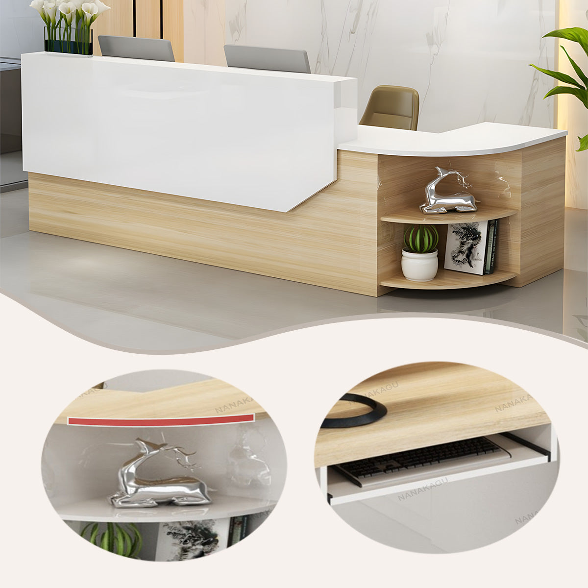 受付カウンター L字型カウンター フロント 大容量収納 引き出し収納 キーボードトレイ ホワイト カスタマイズ可能 JDQT-N021
