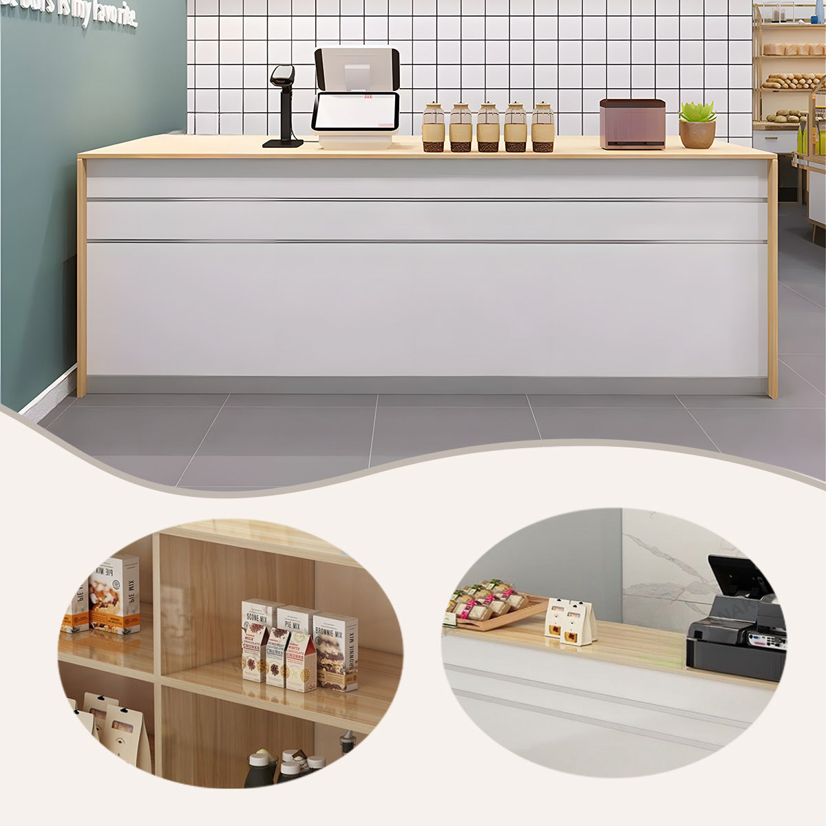 受付カウンター レジカウンター フロント 受付台 ケーキ屋 喫茶店 エッジ加工 大容量収納 ナチュラル カスタマイズ可能 JDQT-N026