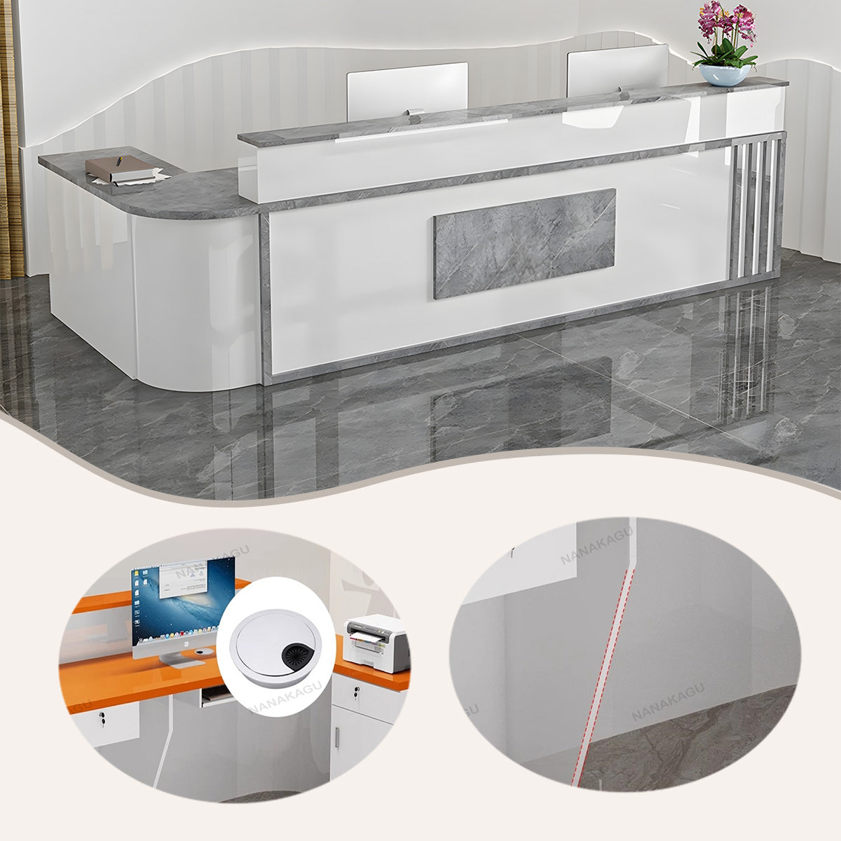 受付カウンター L字型カウンター フロント 事務用 配線穴 大容量収納 鏡面仕上げ 上質 ホワイト カスタマイズ可能 JDQT-N027