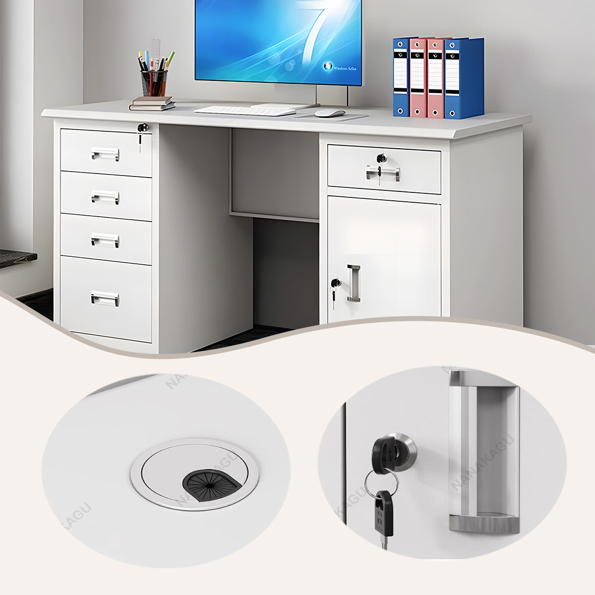 オフィスデスク 事務机 ワークデスク 両袖デスク ステンレス 配線穴 大容量収納 シンプル ホワイト カスタマイズ可能 YGZ-N027