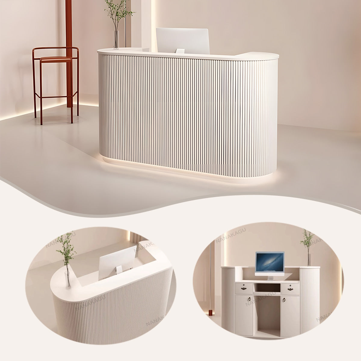 受付カウンター レジカウンター フロント 円弧型 上部天板 大容量収納 耐久性 洗練 スタイリッシュ カスタマイズ可能 JDQT-N028