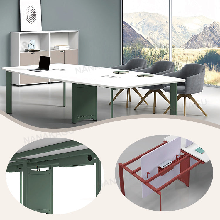 会議テーブル 作業テーブル ミーティングテーブル 大型テーブル 商談テーブル 会議室用 事務用 オフィス用 安定性のある脚 広々とした天板 配線ボックス付き 下肢空間 丈夫 配線便利 シンプル スタイリッシュ ホワイト カスタマイズ可能 HYZ-YDD-N009