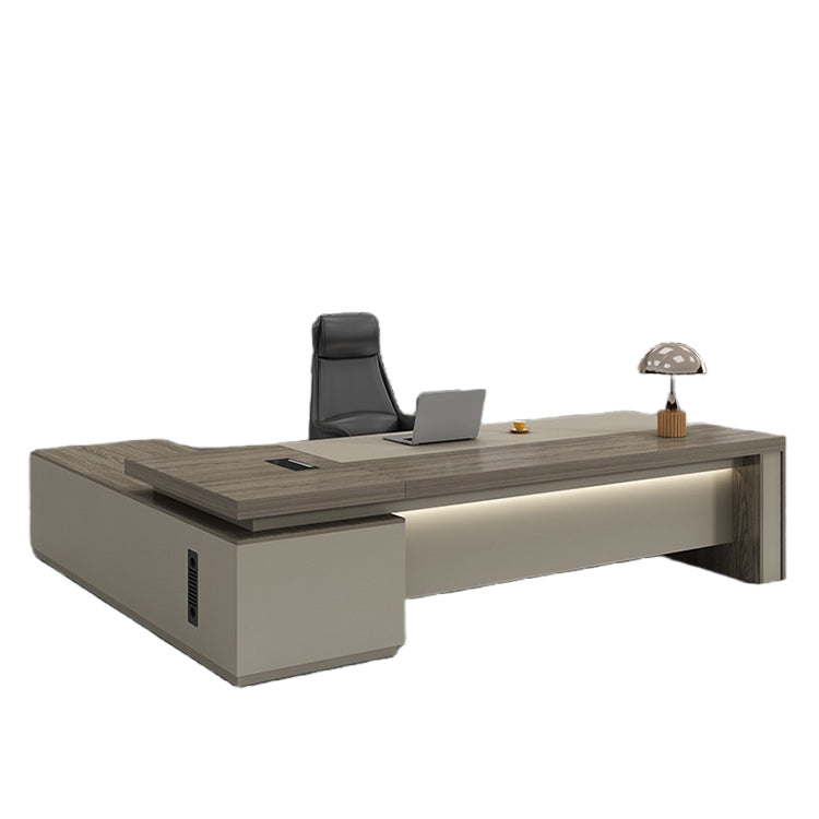 エグゼクティブデスク オフィスデスク バイカラーデスク L型デスク 配線ボックス LEDライト PC収納 ウォールナット LBZ-N024