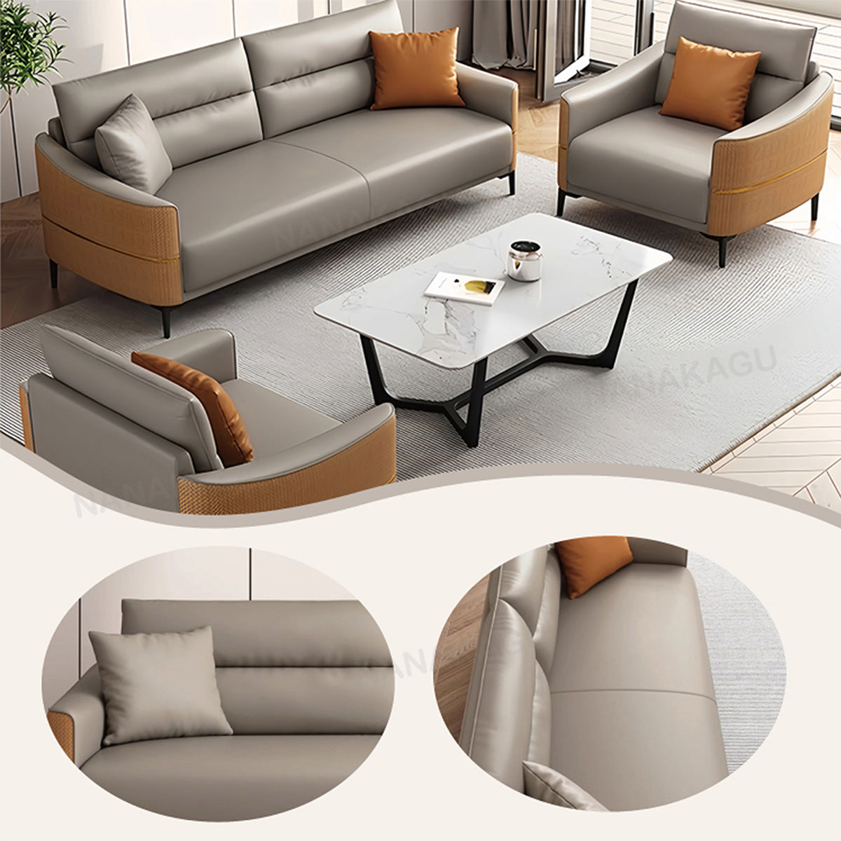 応接セット ソファセット 応接ソファ レザーソファー 1人掛け 2人掛け 天然木 人間工学 通気性 おしゃれ カーキ JDSF-N022