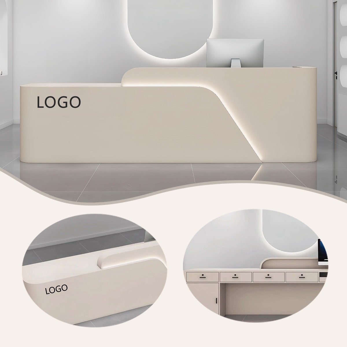 受付カウンター レジカウンター 受付台 店舗用 サロン 焼付塗装 大容量収納 ベージュ カスタマイズ可能 JDQT-BODS-N018