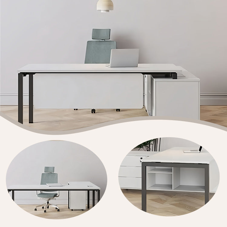 エグゼクティブデスク オフィスデスク 作業テーブル L型デスク パソコンデスク 社長室 作業用 役員用 広々とした天板 幕板付き サイドキャビネット 安定感 厚手 丈夫 シンプル おしゃれ ホワイト カスタマイズ可能 LBZ-YDD-N014