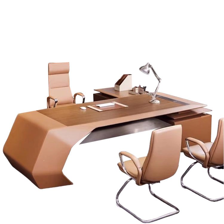 エグゼクティブデスク 社長デスク L型デスク 曲線デザイン 配線穴 大容量収納 厚手 高荷重性 スタイリッシュ ブラウン LBZ-N085