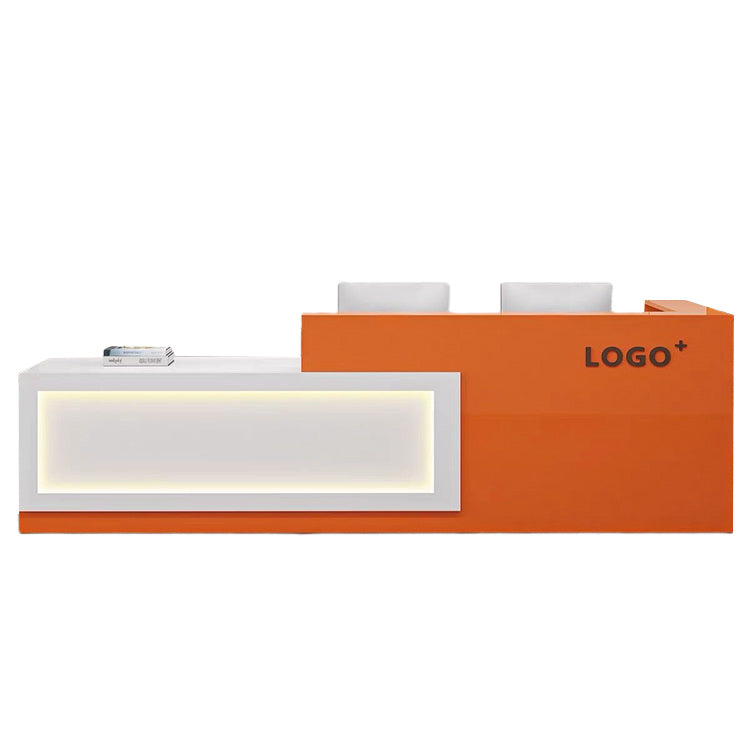 受付カウンター レジカウンター フロント エントランス受付 オフィスカウンター 美容室 ホテル 店舗用 鍵付き 配線穴 上部天板付き キーボードトレイ付き LEDライト付き 高荷重性 耐汚性 高級感 上質 すっきり ホワイト オレンジ カスタマイズ可能 JDQT-N035