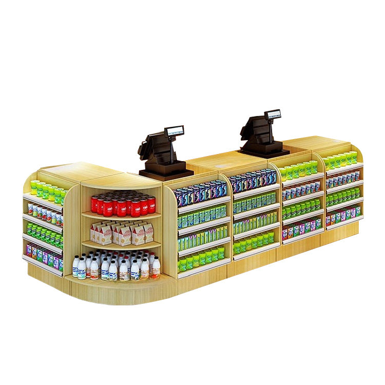 陳列棚付きカウンター レジカウンター L字型カウンター 店舗用 コンビニ 分類収納 ナチュラル カスタマイズ可能 JDQT-N042