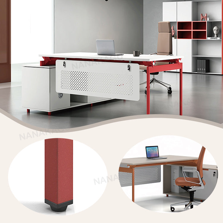エグゼクティブデスク ワークデスク オフィスデスク パソコンデスク L型デスク 事務用 作業用 仕事用 引き出し収納 サイドキャビネット付き 幕板付き 丈夫な脚部 厚手 広い 高荷重性 快適 シンプル 洗練 レッド カスタマイズ可能 LBZ-YDD-N001