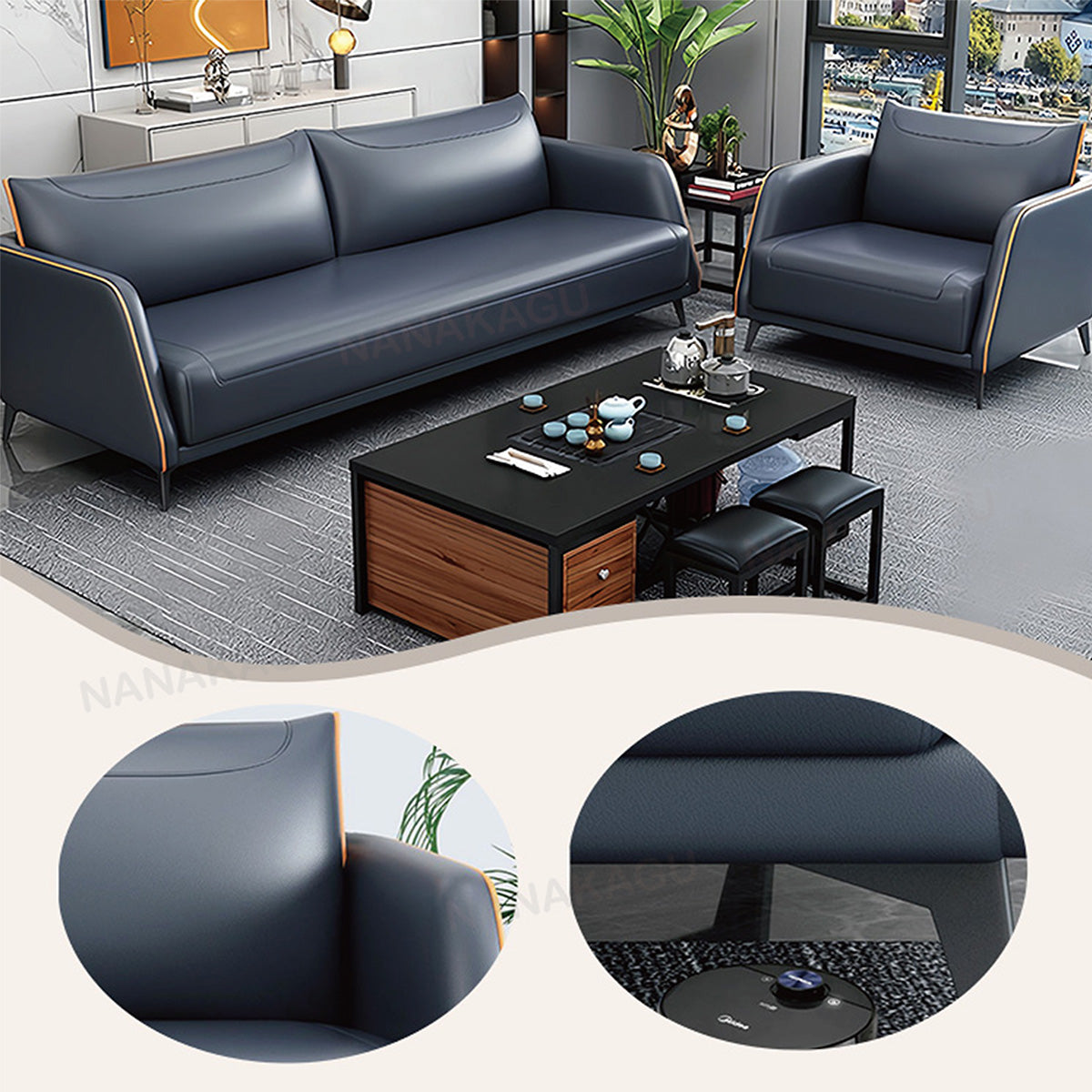 応接ソファ 受付ソファ 2人掛け パイン材フレーム レザーソファ 人間工学 通気性 ダークブルー カスタマイズ可能 JDSF-N031