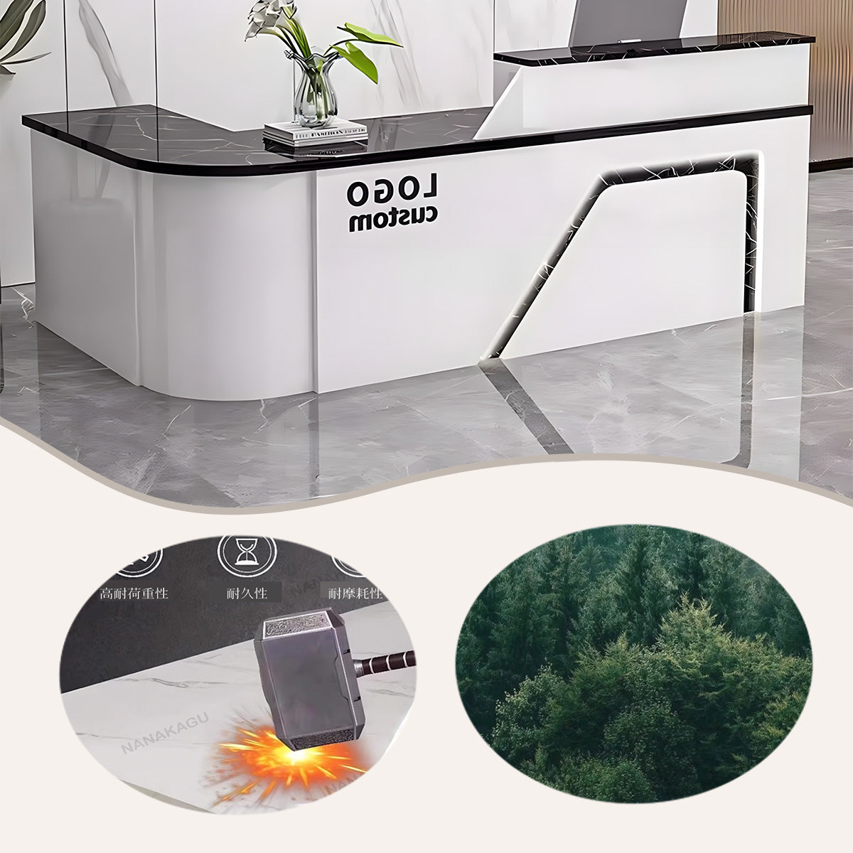 受付カウンター レジカウンター L字型カウンター 事務用 大容量収納 鏡面仕上げ ナチュラル カスタマイズ可能 JDQT-N033