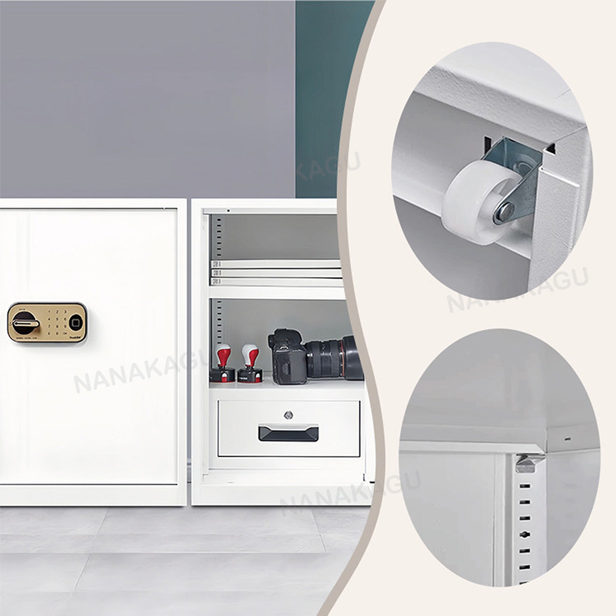 ワゴン 金庫 チェスト 大容量収納 デジタルロック 棚板調節可能 指紋認証キー キャスター 安全 シンプル ホワイト BGCWG-N054