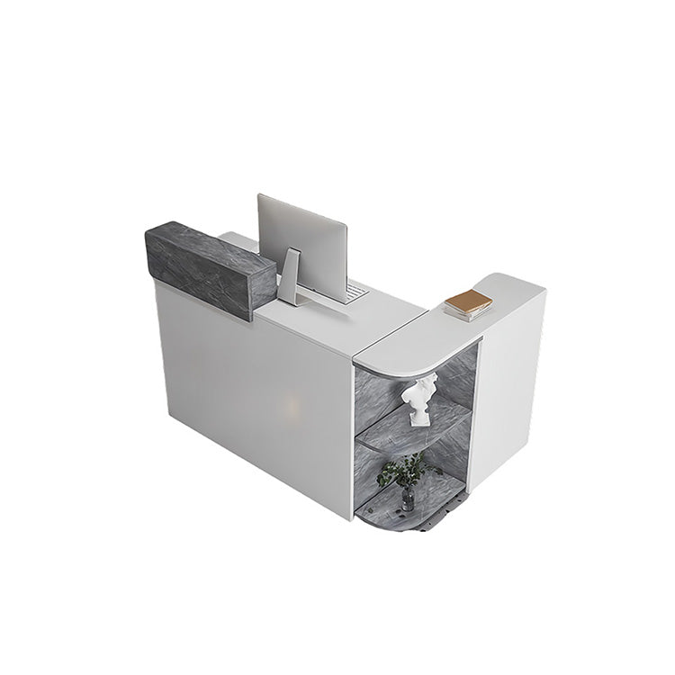 受付カウンター レジカウンター L字型 店舗用 鍵ロック 配線穴 展示棚 角丸 大容量収納 グレー カスタマイズ可能 JDQT-N048