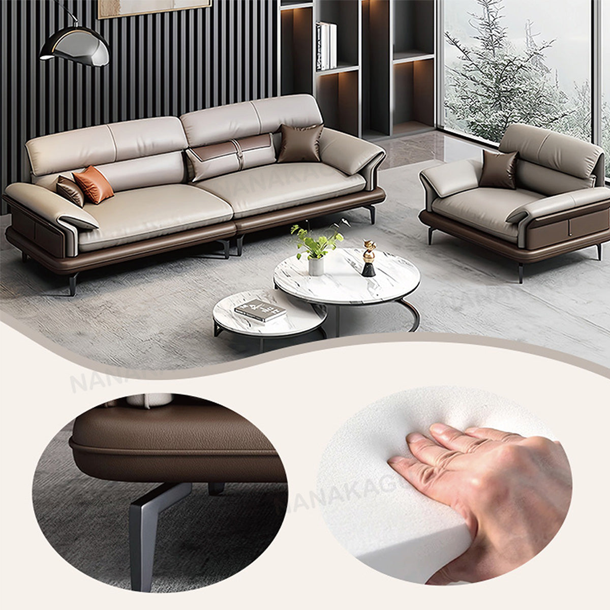 応接ソファ レザーソファ リビング用 1人掛け 3人掛け パイン材フレーム 人間工学 通気性 おしゃれ シンプル カーキ JDSF-N027