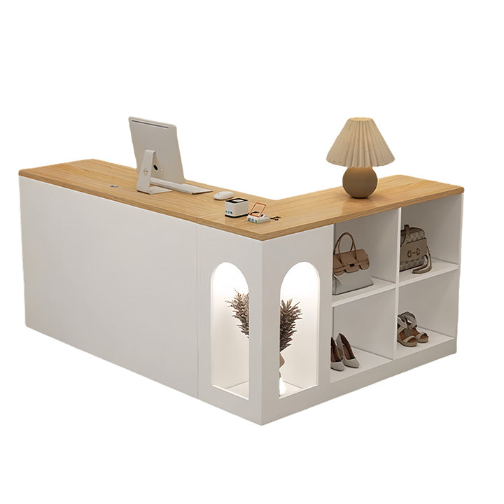 受付カウンター レジカウンター L字型カウンター 店舗用 展示棚 大容量収納 エレガント ホワイト カスタマイズ可能 JDQT-N052