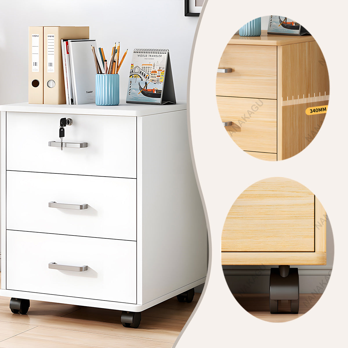 キャビネット サイドワゴン 大容量収納 錠付き キャスター 引き出し 省スペース シンプル ホワイト カスタマイズ可能 BGCWG-N021