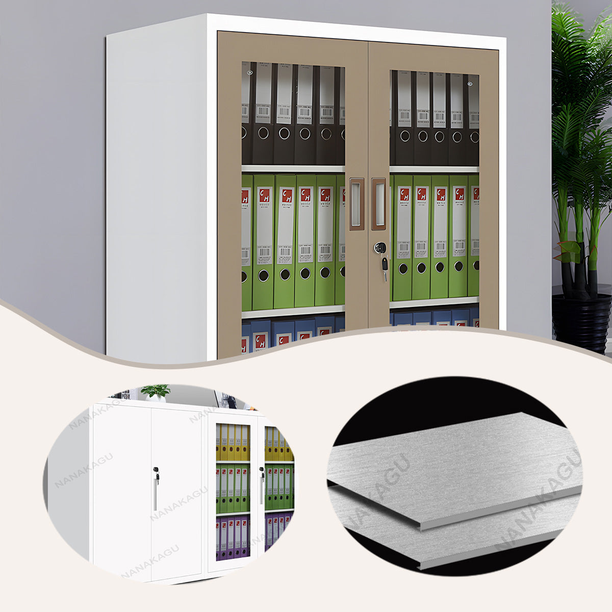 キャビネット スチールキャビネット 分類収納 大容量収納 鍵付き 引き戸 可動棚板 ガラス ホワイト カスタマイズ可能 BGCWG-N026