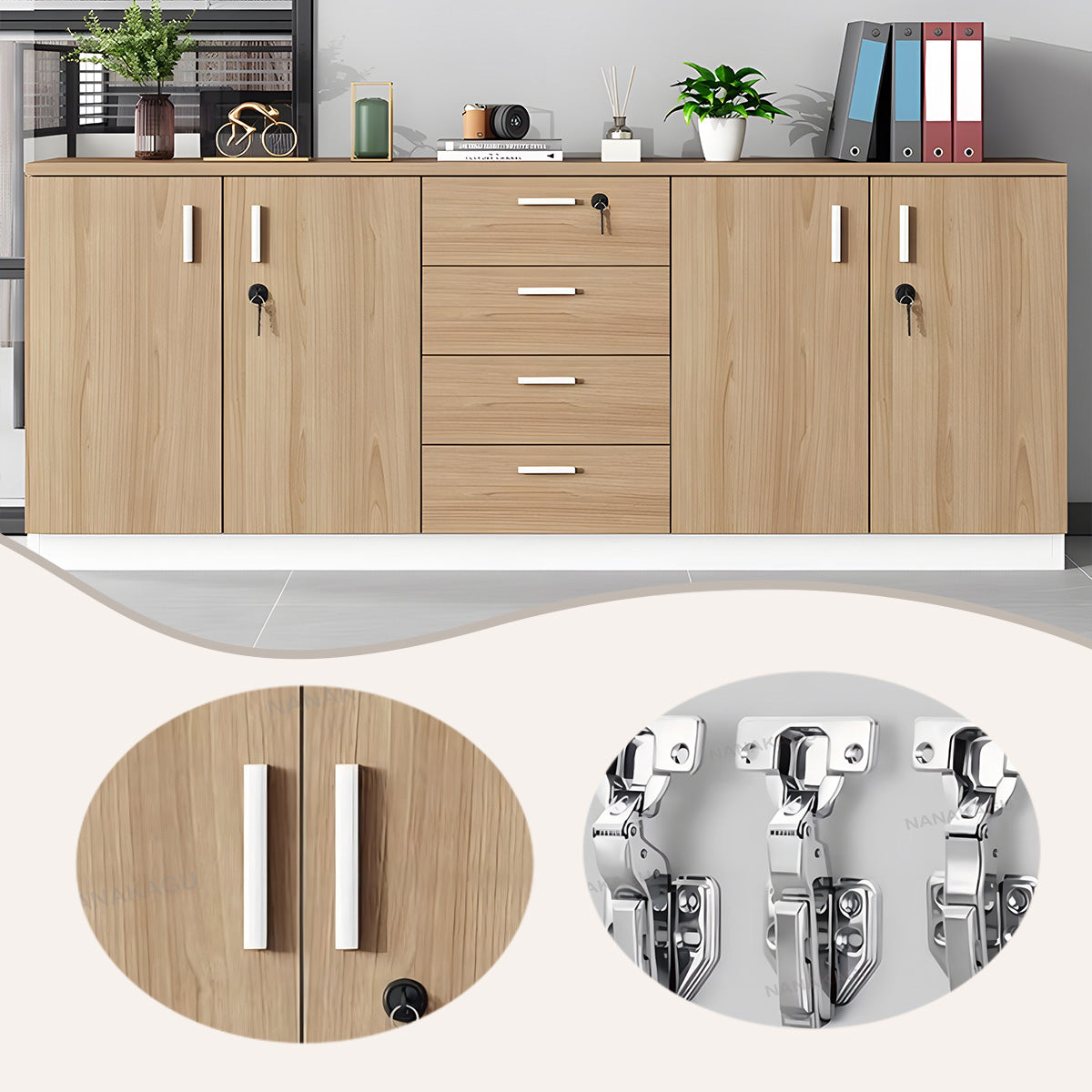 収納キャビネット オフィスキャビネット 鍵付き 引き出し 大容量収納 シンプル ウォールナット カスタマイズ可能 BGCWG-N043