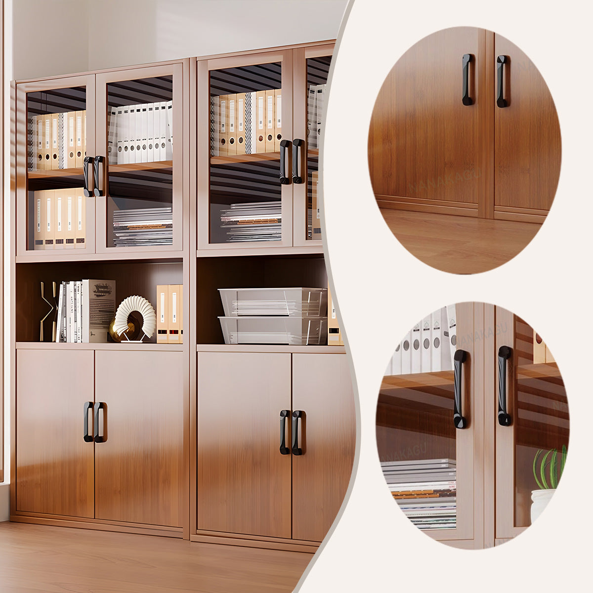 収納キャビネット 本棚 扉付き収納 アクリル扉 多段 大容量収納 台輪 おしゃれ 上質 ブラウン カスタマイズ可能 BGCWG-N045