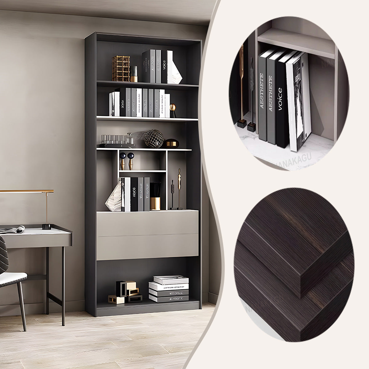 本棚 収納ラック 書斎 転倒防止機構 プッシュ式引き出し オープン収納 巾木デザイン 落ち着き シンプル グレー BGCWG-N048