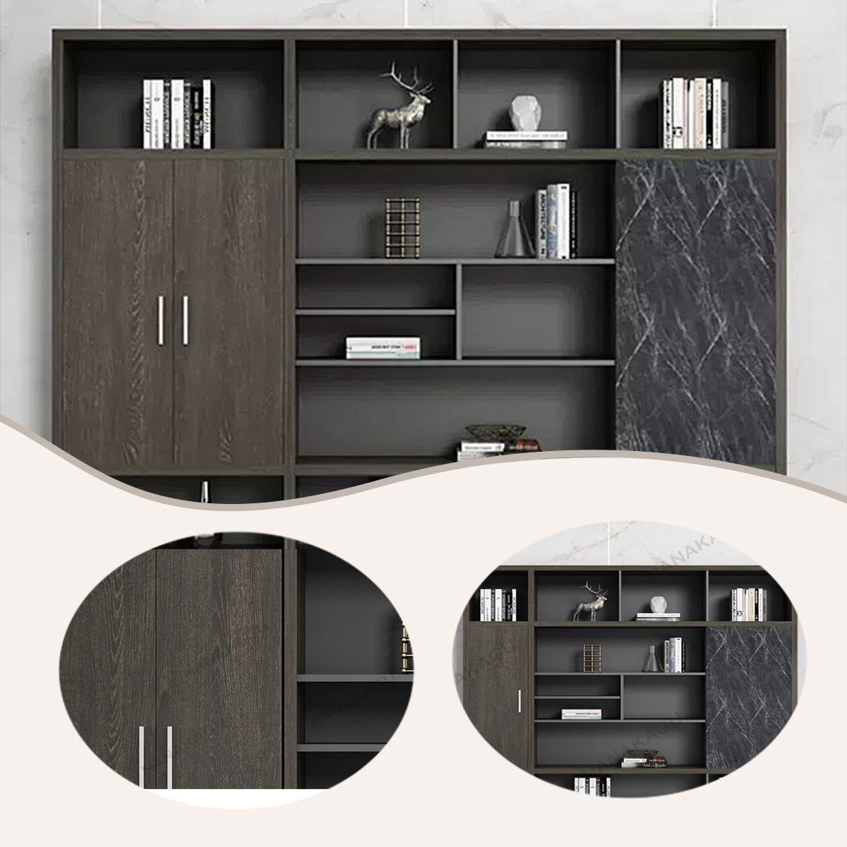 木製キャビネット ディスプレイラック オフィスキャビネット 木目調 大容量収納 分類収納 シンプル カスタマイズ可能 BGCWG-N005