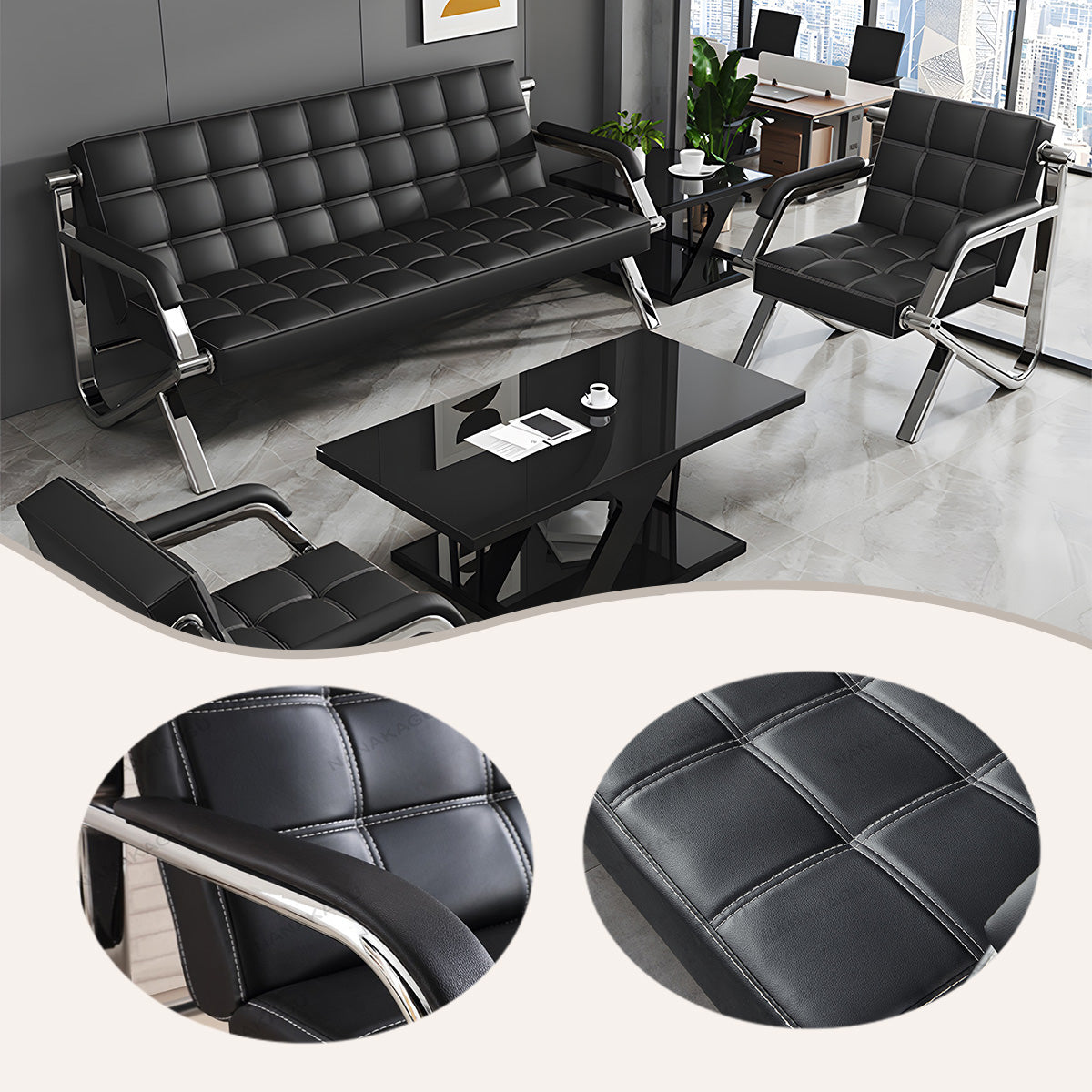 応接セット 1人掛け 3人掛け 受付用 事務用 ステンレスフレーム ソフトレザー シンプル ラック カスタマイズ可能 JDSF-N010