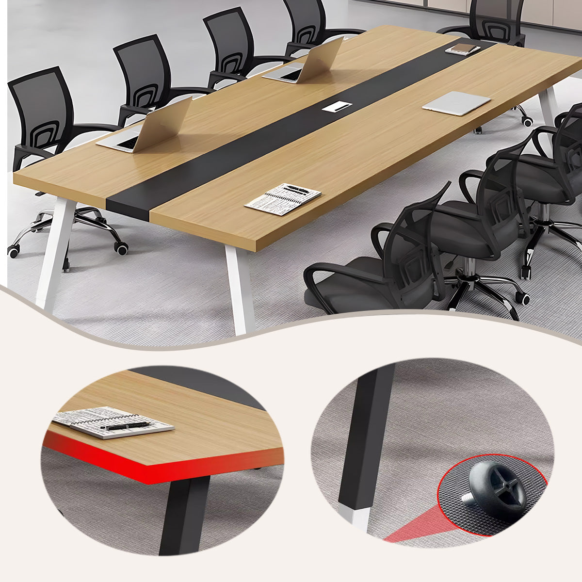 会議テーブル ミーティングテーブル 会議机 スチールフレーム アジャスター エッジ加工 シンプル 木目調 カスタマイズ可能 HYZ-N012